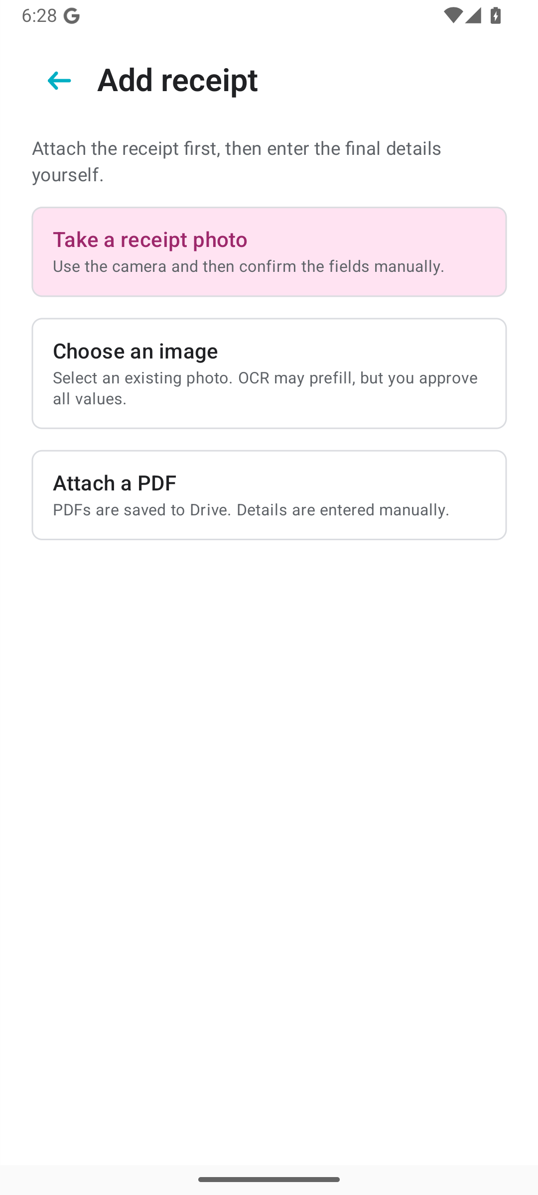 Snytro Receipts add receipt options screen