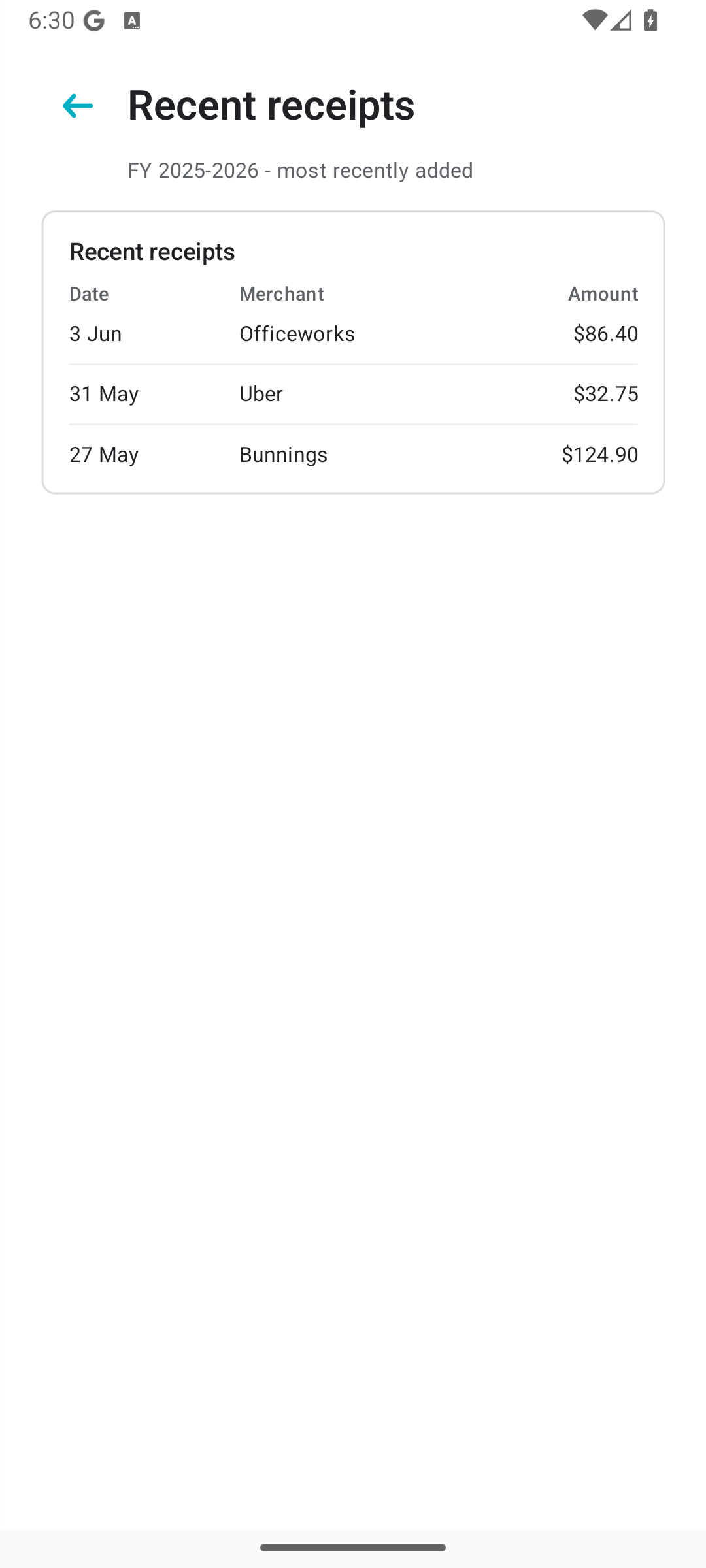 Snytro Receipts recent receipts screen