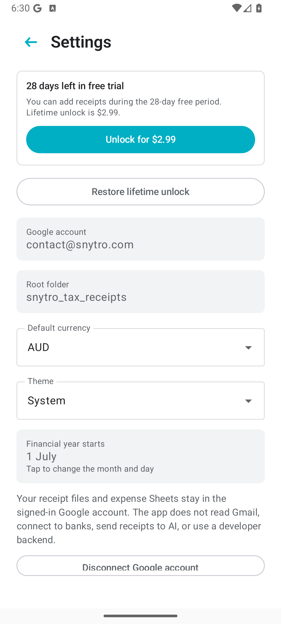 Settings screen showing trial, lifetime unlock, currency, and privacy note