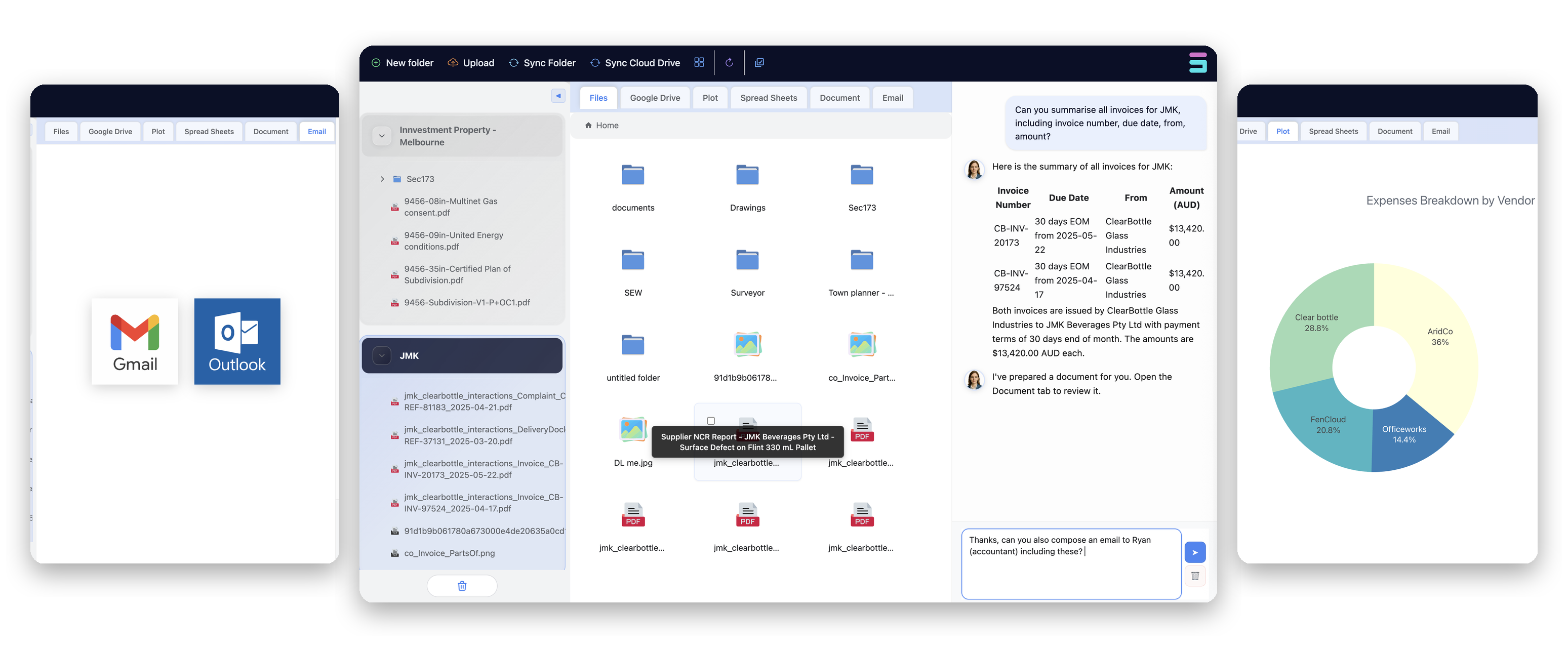 Snytro workspace showing invoice summarisation and visual analytics